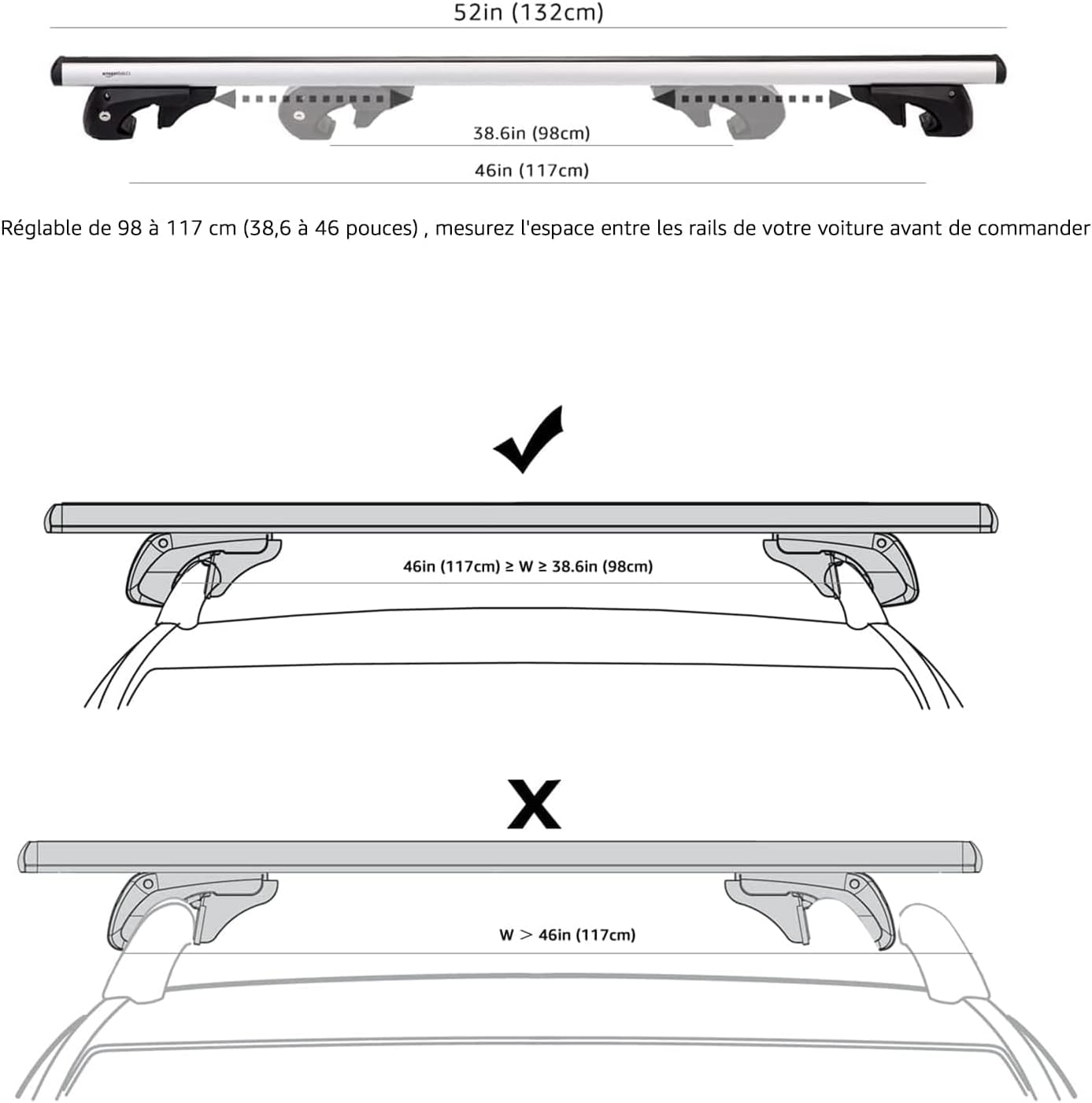 Thumbnail 1 de Amazon Basics Barres de toit transversales 132 cm (par 2) – noir/argenté, rails compatibles jusqu’à 117 cm entre rails
