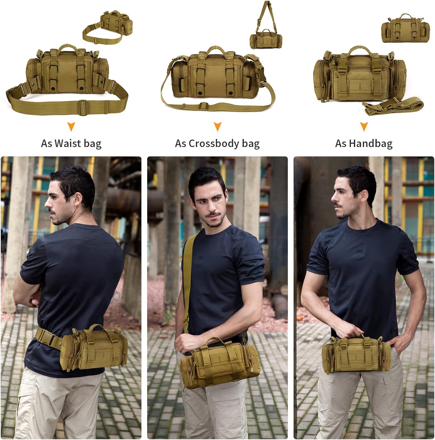 Detalle de Huntvp 3 Way Waist Bag Tactical MOLLE Crossbody Pack (Brown) for Hiking, Camping and More