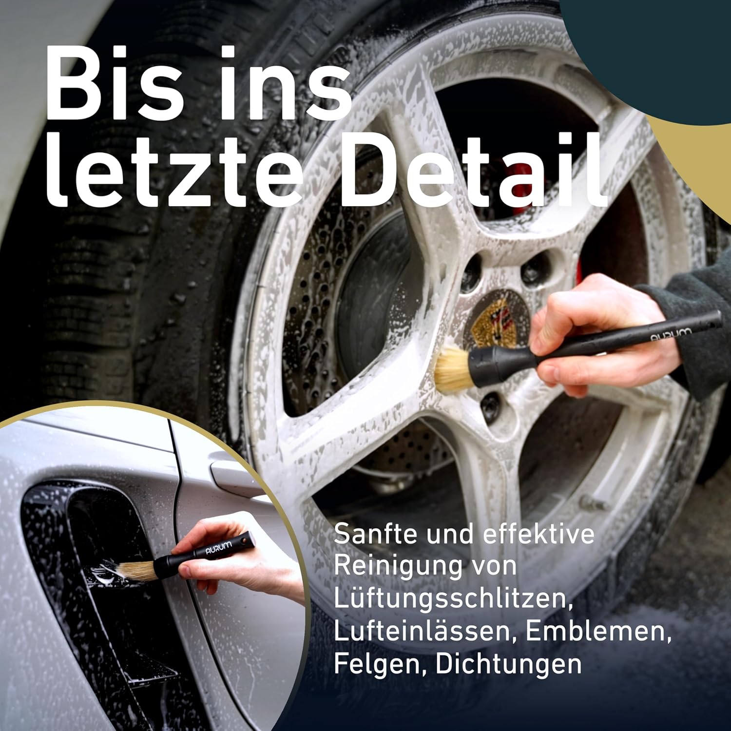 Detalle 2 de Aurum-Performance® Detailing Pinsel Auto 2er-Set mit Naturborsten – KFZ-Reinigungspinsel für Innen & Außen