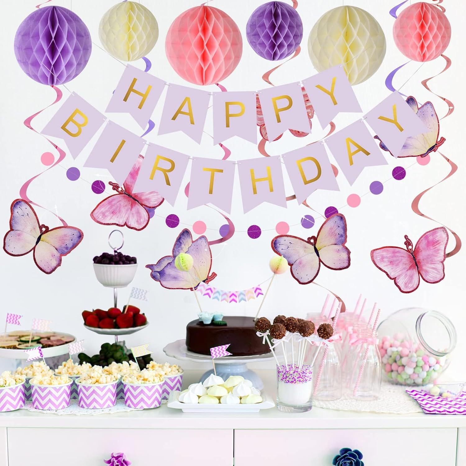Thumbnail 3 de Lsoar Lila Geburtstagsdekorationen: Happy Birthday Banner mit Schmetterlingen, Honeycomb-Bällen & Luftschlangen