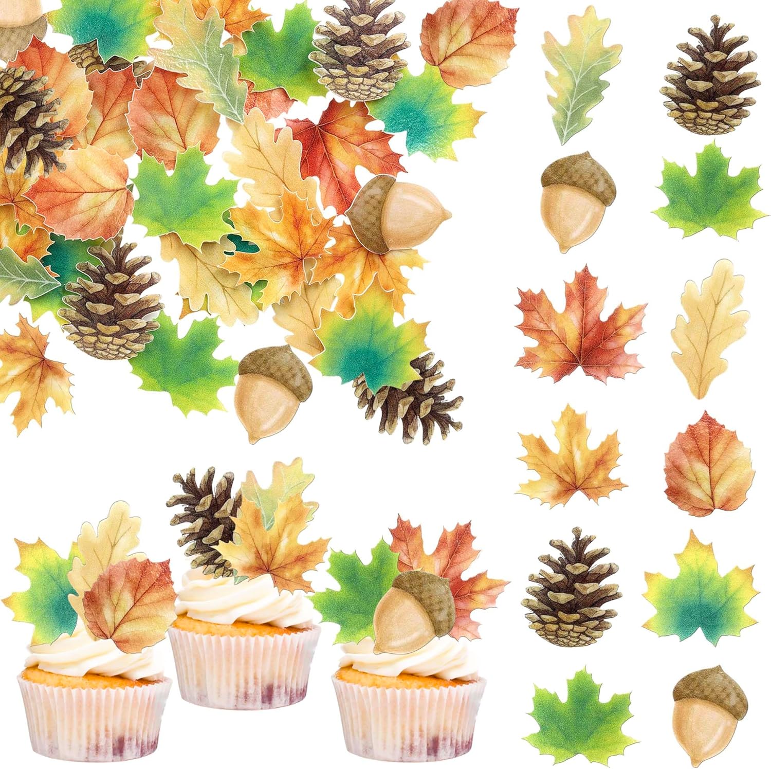 Xsstarmi 63 Pack Autumn Edible Cupcake Toppers – Rice Paper Fall Leaves & Pine Cone Picks