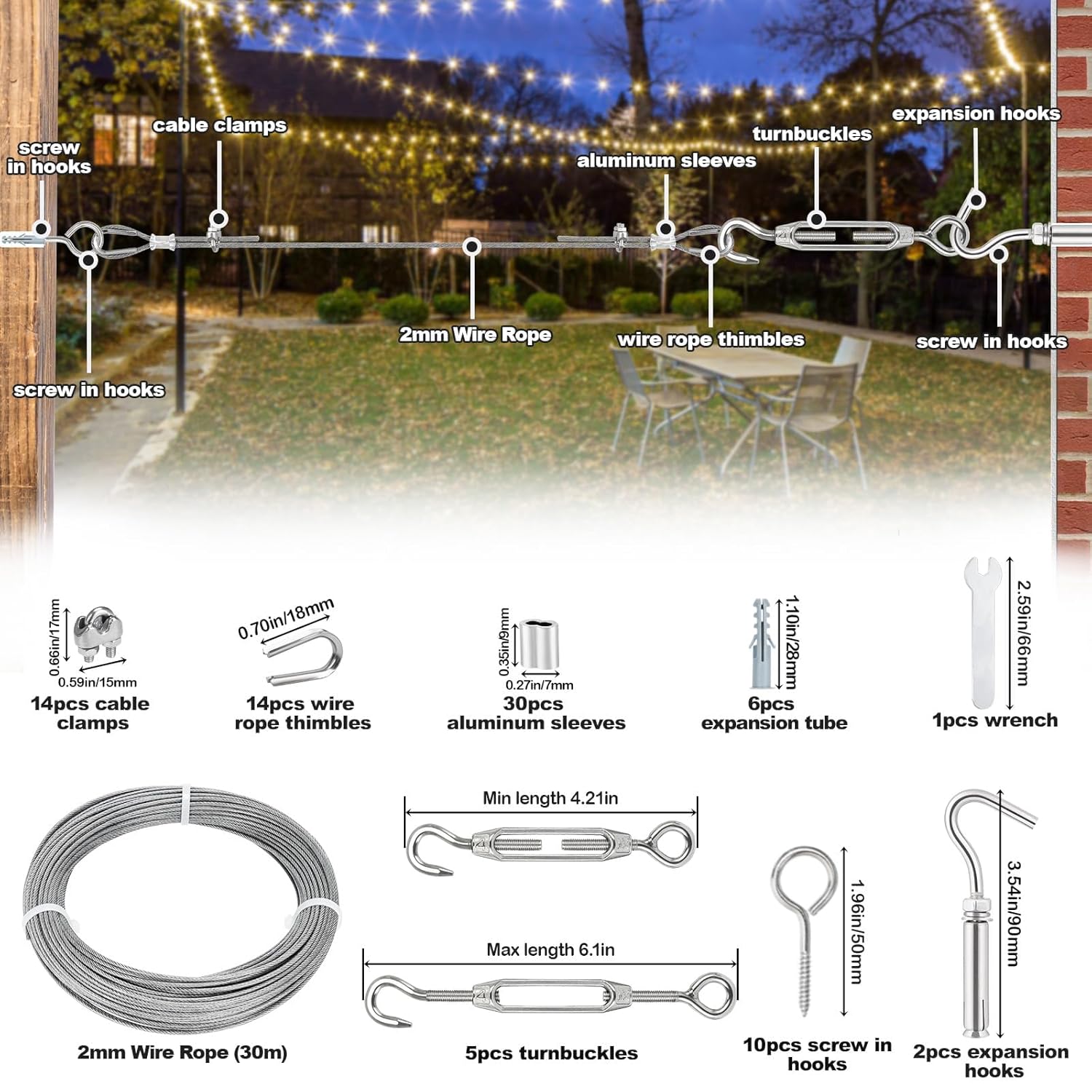 Thumbnail 1 de TooTaci 30M Garden Wire Trellis Kit (2mm PVC-Coated Steel Cable) with M4 Turnbuckles & M3 Vine Eyes