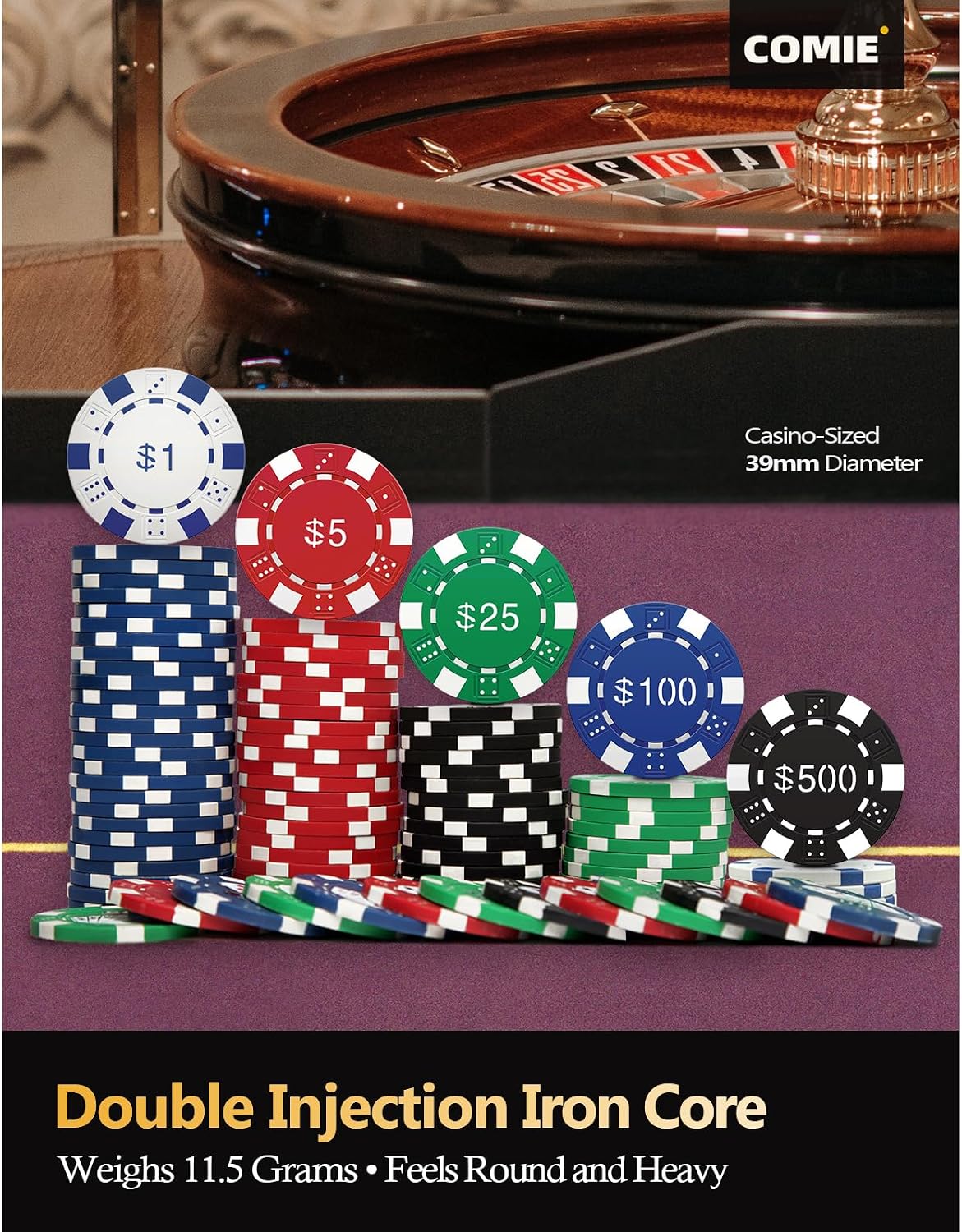 Detalle de Comie 500-Piece Poker Chip Set with Aluminum Travel Case (11.5g Chips)