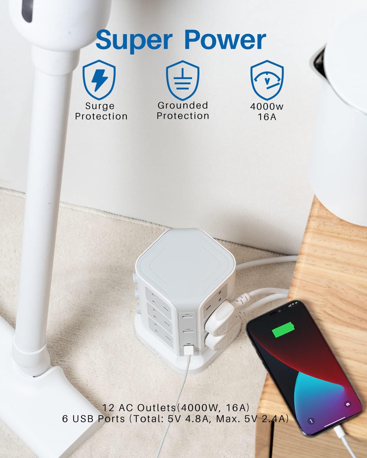 Thumbnail 5 de KOOSLA Tower Extension Lead: 12 AC Outlets, 6 USB Ports, 2m Cable, 13A – A Practical All‑in‑One Charging Hub