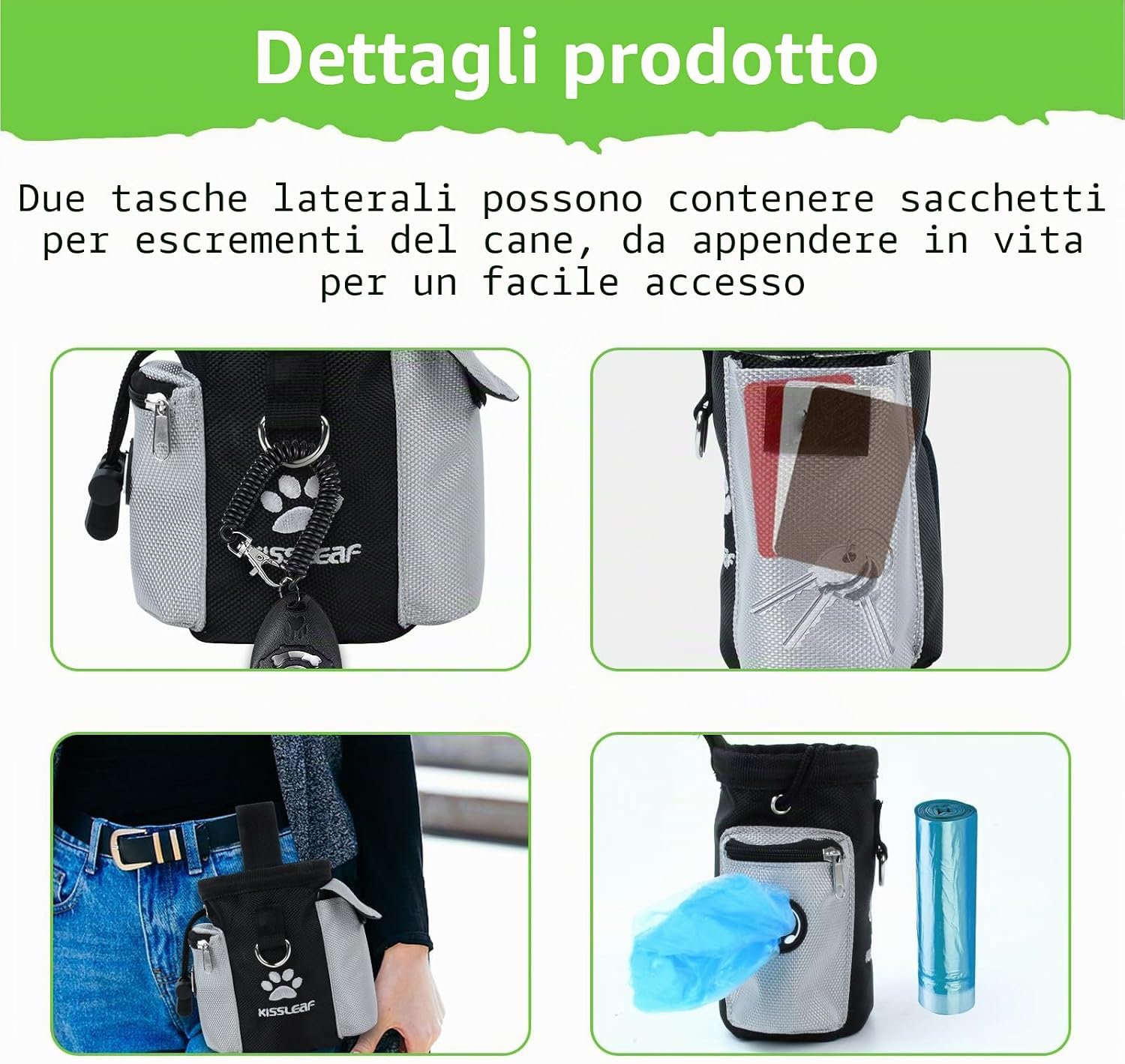 Detalle de Kissleaf Porta Premietti per Cani Multifunzionale: Borsa Portasnack con Doppia Tasca e Dispenser