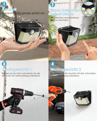 Detalle de Aootek Solarlampen für Außen mit Bewegungsmelder – 3er-Set, 120 LED, IP65