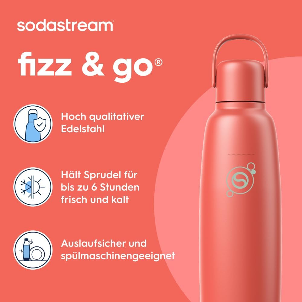 Detalle de SodaStream Fizz & Go Cool Edelstahl 0,9 l doppelwandige Sprudelgetränkeflasche (Papaya)