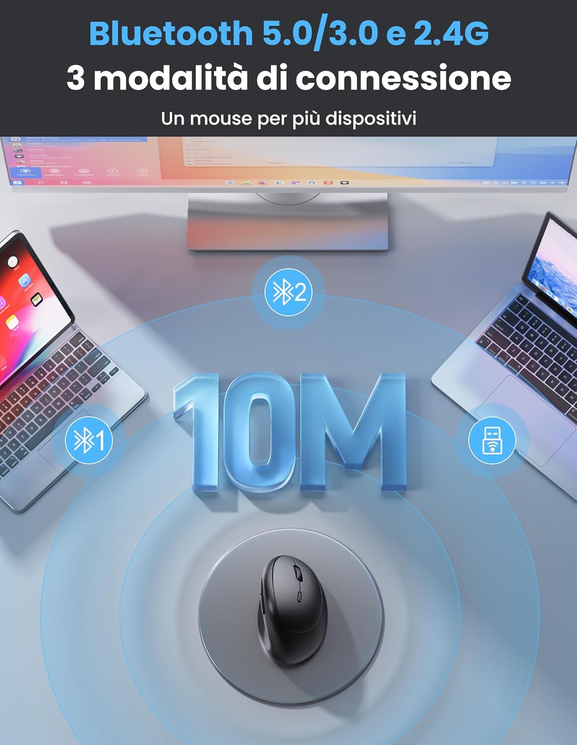Thumbnail 2 de TECKNET Mouse Verticale Ergonomico Bluetooth 5.0/3.0 + 2.4G, DPI 4800, Silenzioso, 6 Bottoni, Nero