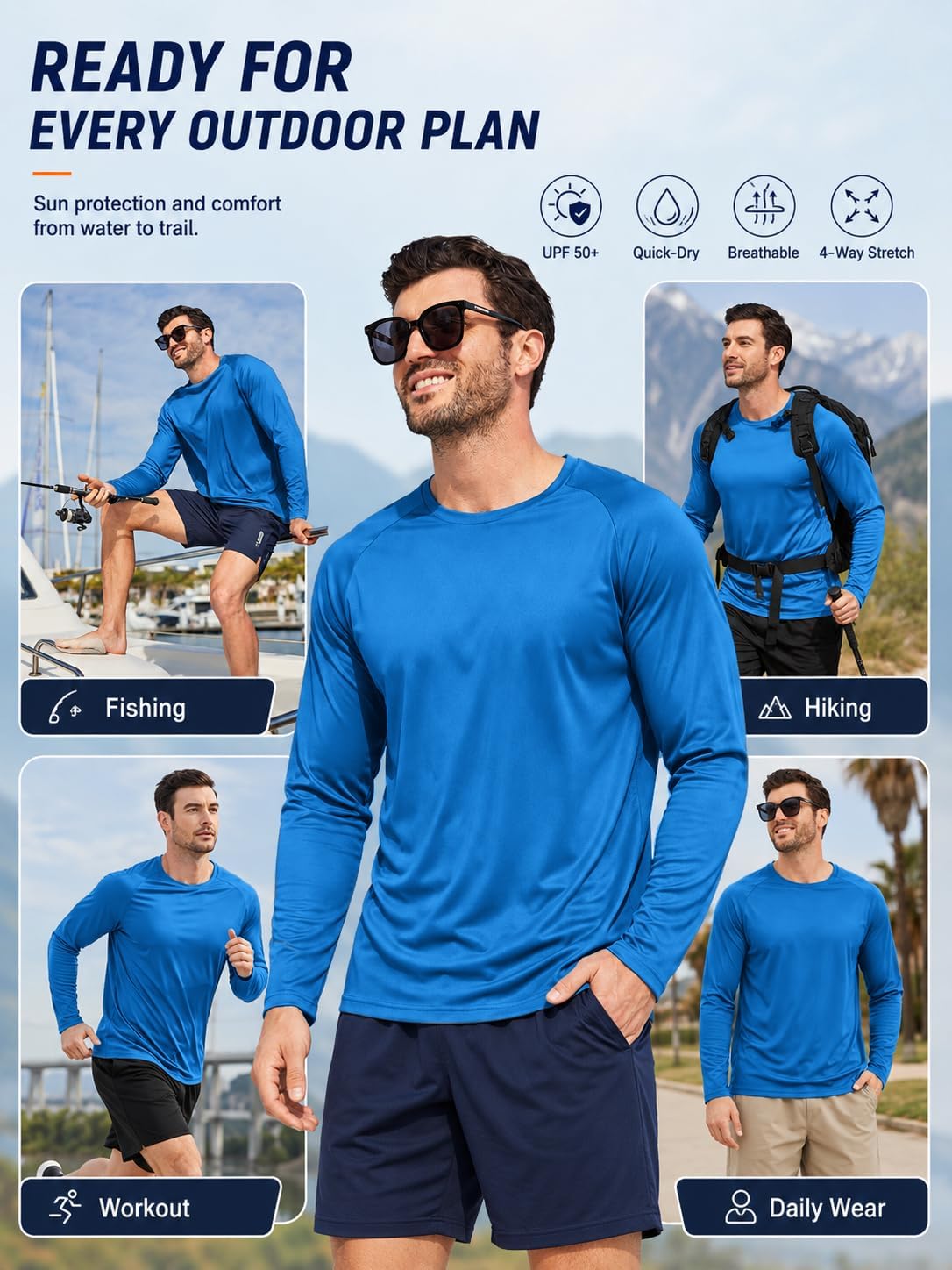 Detalle de Mens Sun Shirt UPF 50+ UV Protection 5-Pack Long Sleeve Shirts for Outdoor Active Wear