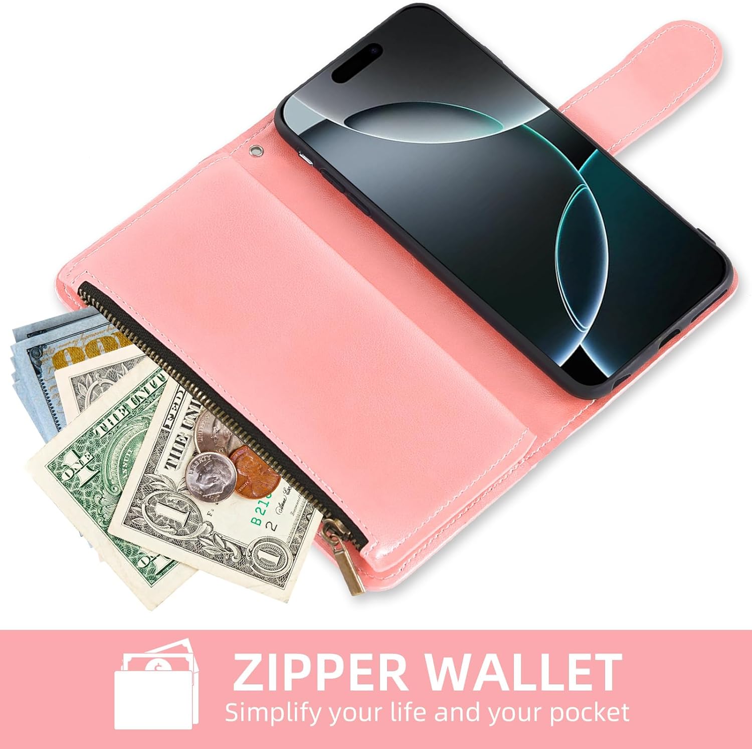 Detalle de Asuwish Wallet Case with Tempered Glass for iPhone 17 Pro (6.3") Rose Gold