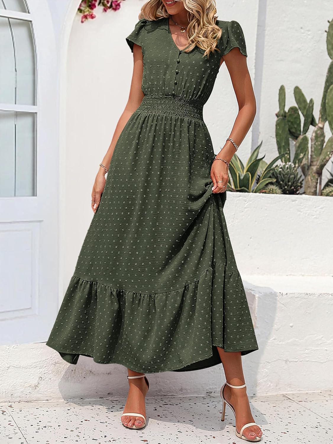 Detalle 2 de PrettyGarden Womens Dresses 2026 Summer Maxi Dress: Boho Swiss Dot, V-Neck, Smocked Waist
