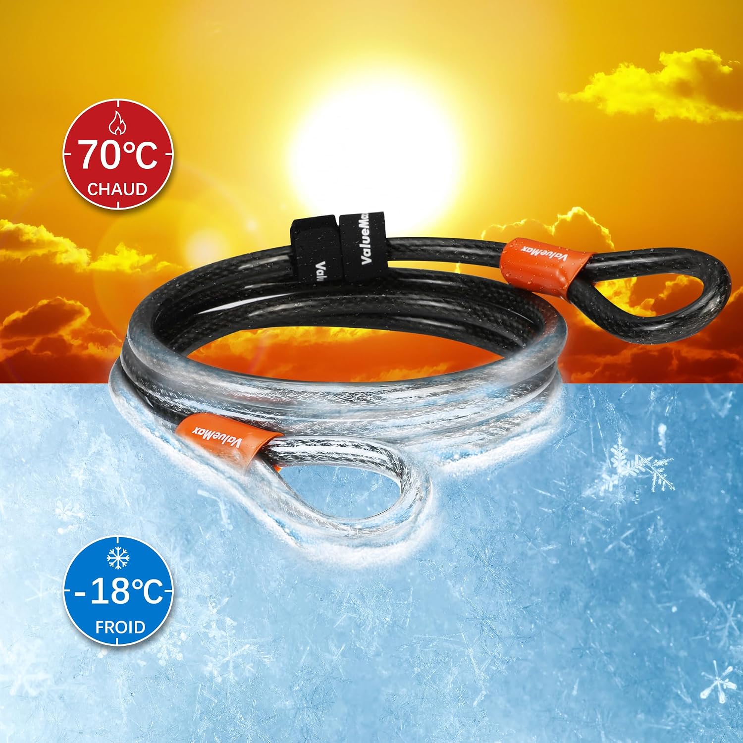 Detalle de ValueMax Câble antivol vélo 213 cm x 12 mm avec double boucle tressée