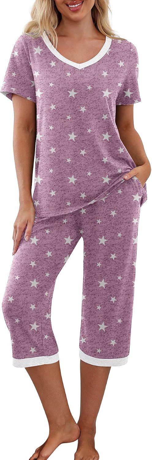 Thumbnail 6 de PrinStory Women's Pajama Set Short Sleeve Shirt and Capri Pants Sleepwear with Pockets