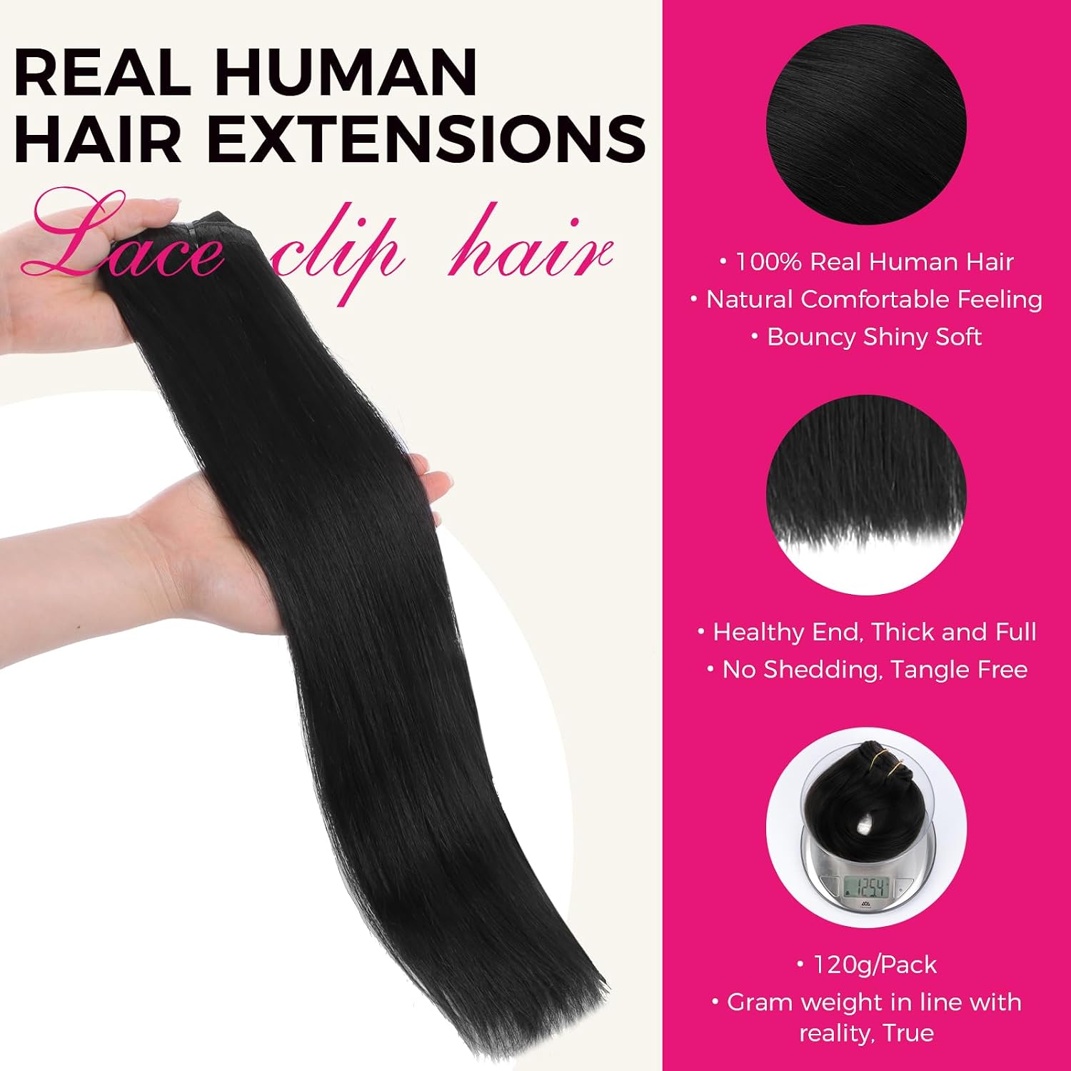 Detalle de Lashey 12-Inch Clip-In Human Hair Extensions, 7-Piece, 120g, Jet Black