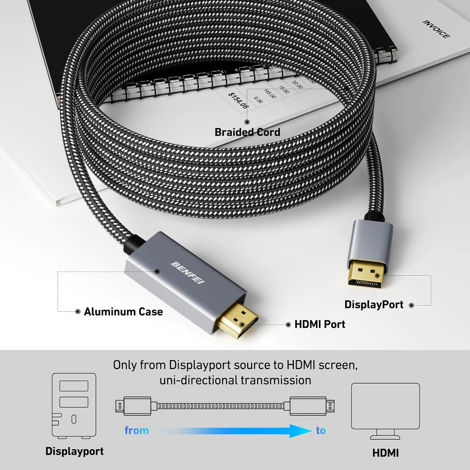 Thumbnail 3 de BENFEI DisplayPort auf HDMI Kabel 3 m – DP zu HDMI, Aluminiumgehäuse, Nylonbeschichtung