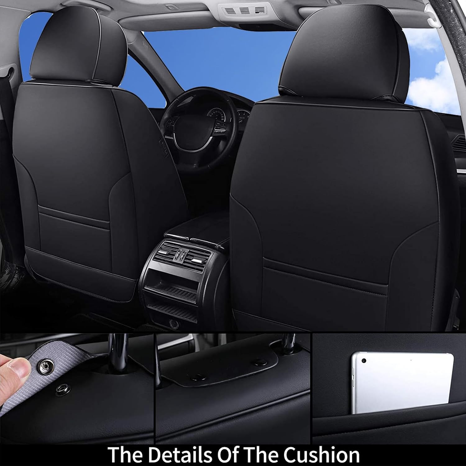 Detalle de Coverado Car Seat Covers 5 Pieces Full Set Universal Waterproof Nappa Leather Auto Seat Protectors (Black)