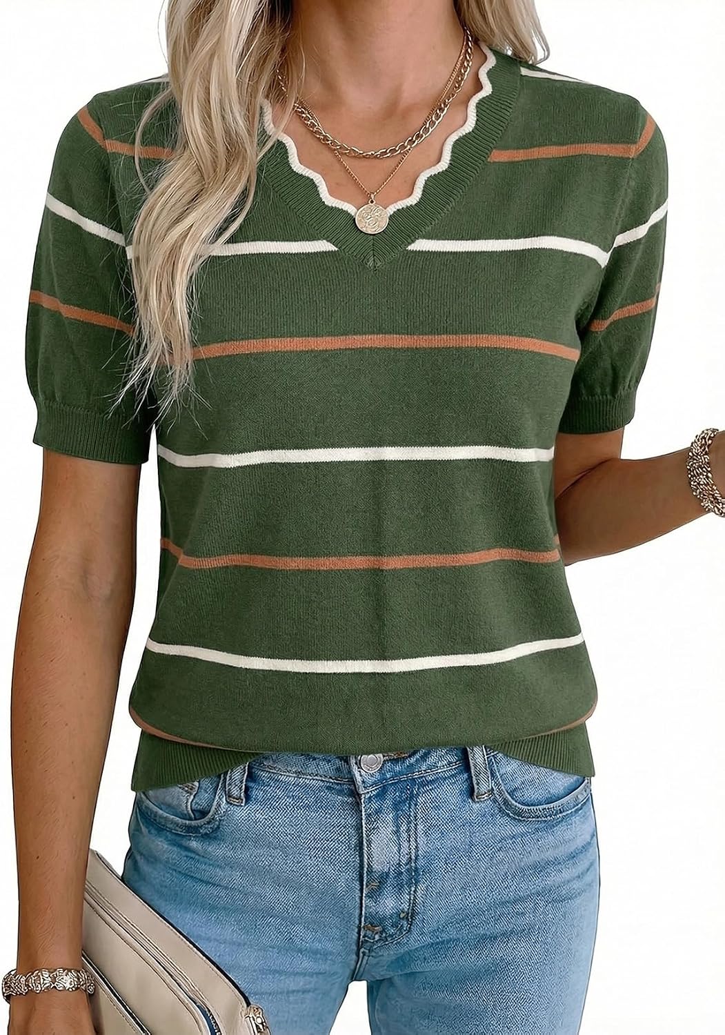 Detalle 2 de Dokotoo Womens Summer Short Sleeve Knit Tops – V-Neck Striped Casual Blouse