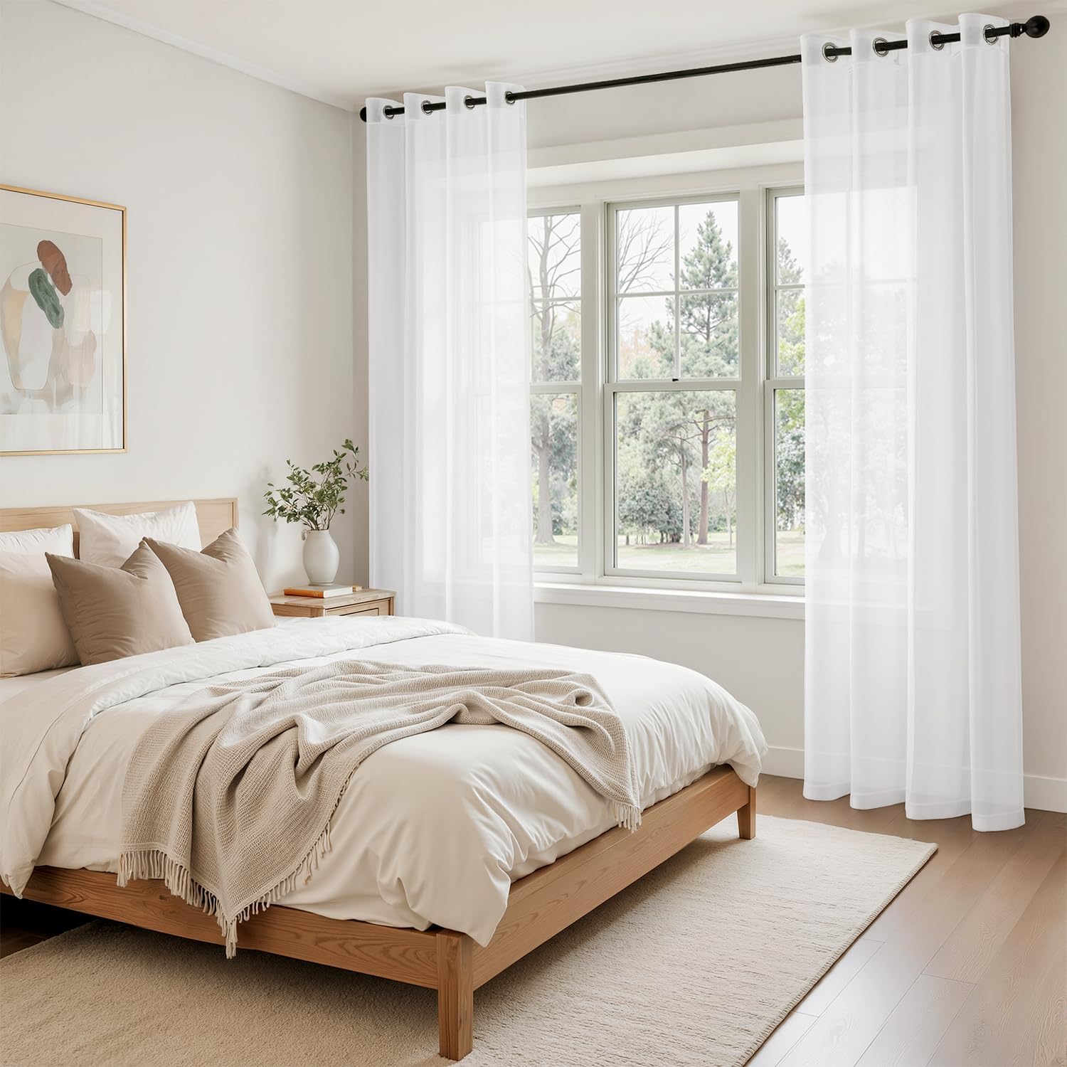 Detalle de EMEMA 2er-Set Sheer-Voile-Schiebegardinen mit Ösen, transparent, 140 x 225 cm, weiß