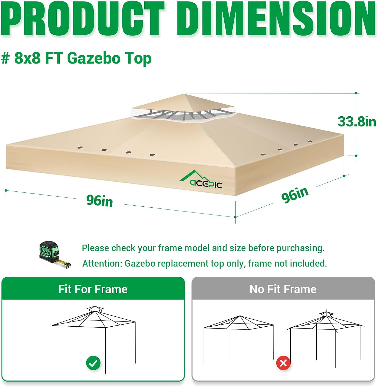 Thumbnail 6 de Acepic 8x8 Ft Khaki Double-Tier Gazebo Replacement Canopy, 420D Waterproof