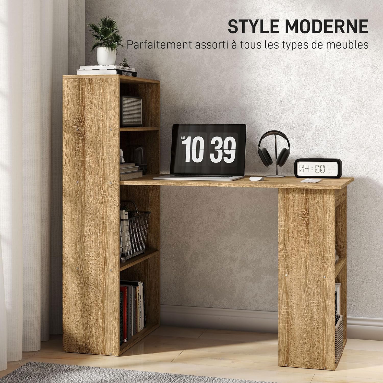 Thumbnail 3 de HOMCOM Bureau Informatique avec Rangement – 120 x 55 x 120 cm, chêne (6 compartiments ouverts)