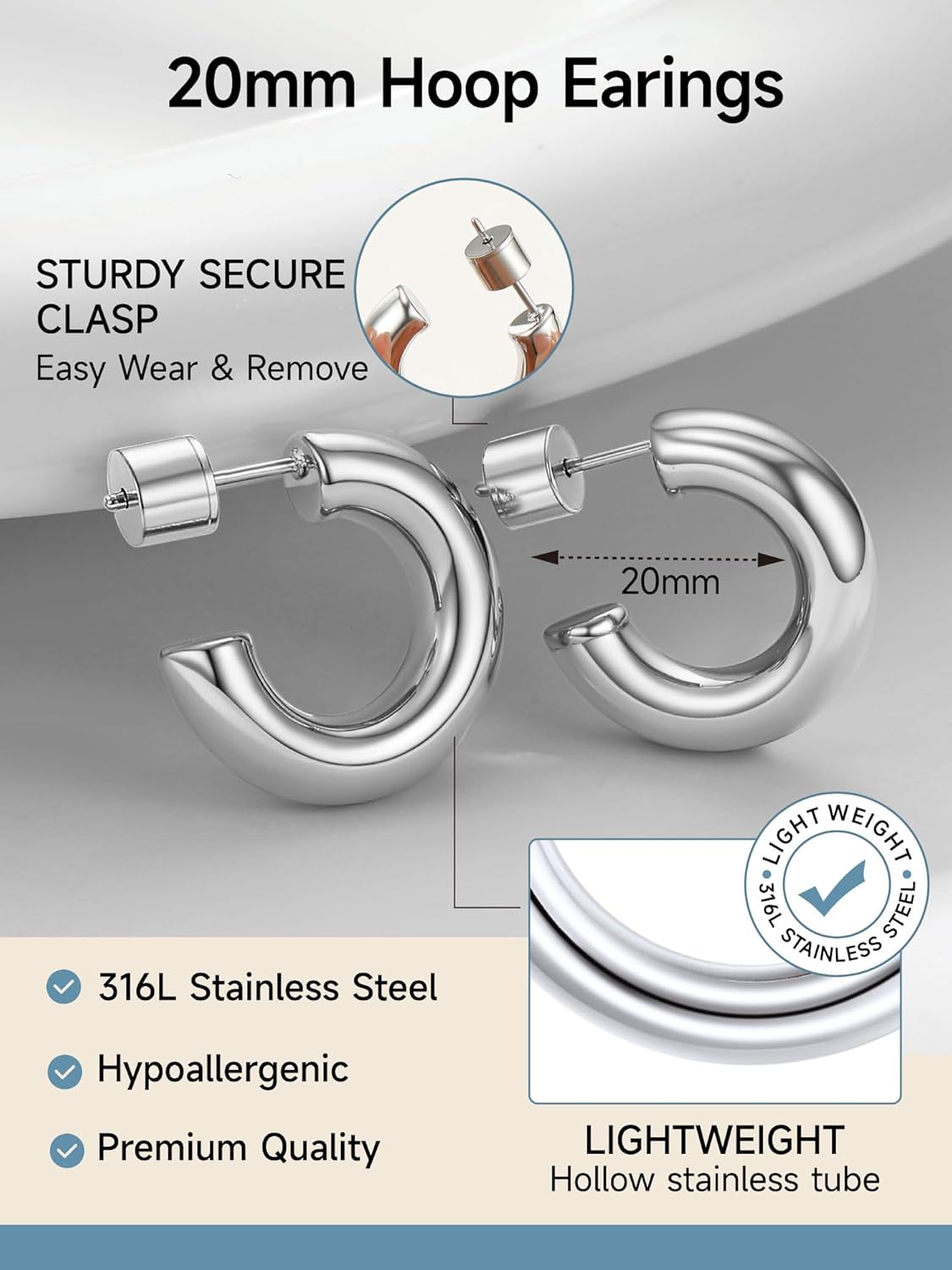 Thumbnail 1 de PROSTEEL Boucles d’oreilles femme demi-créoles anneaux ouverts en acier inoxydable (20/30/40/60/80 mm)
