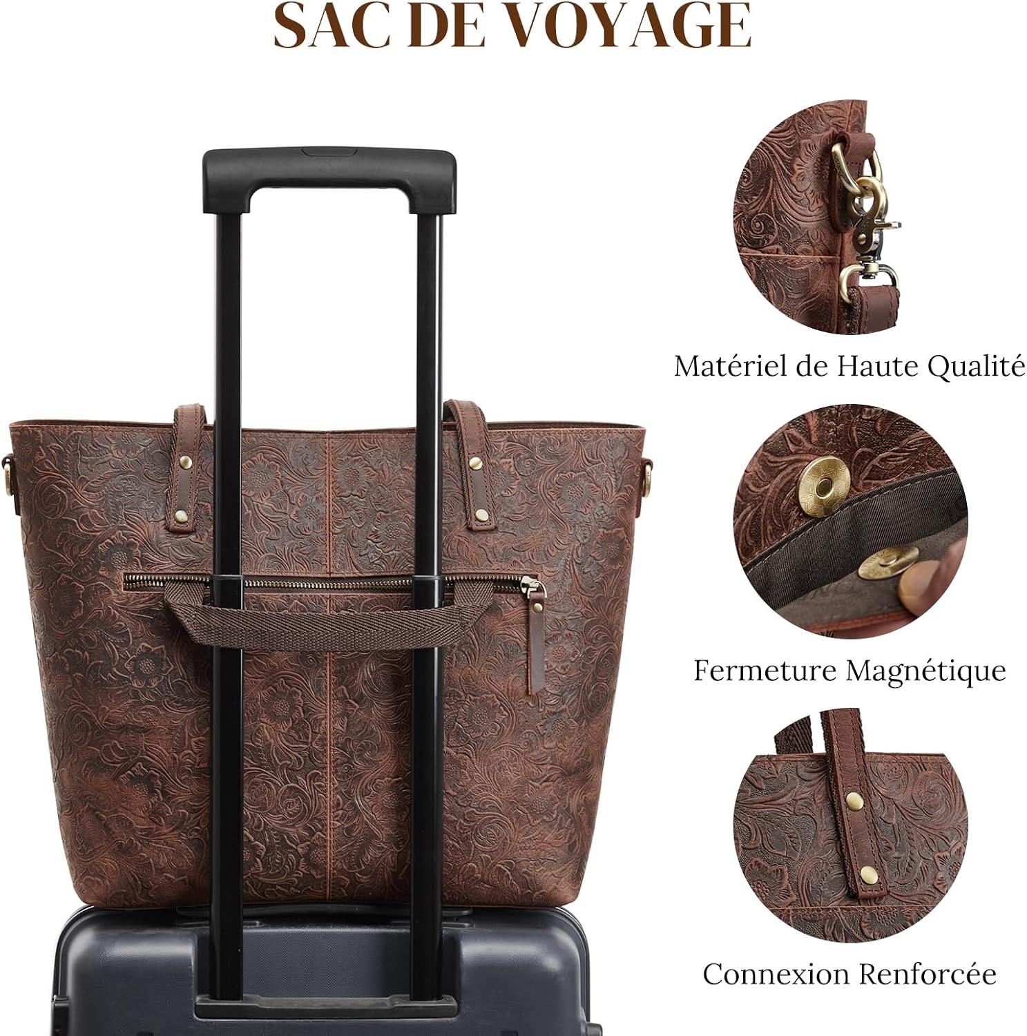 Detalle de S-ZONE Sac fourre-tout en cuir Crazy Horse pour femme — grand sac à bandoulière et ordinateur portable