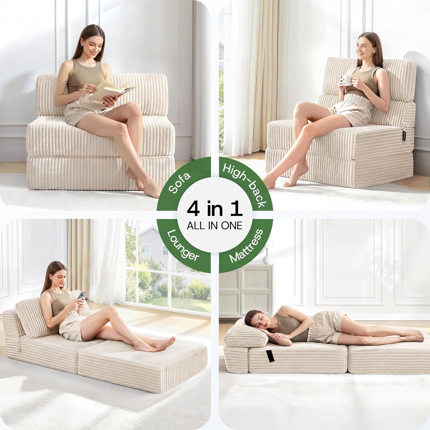 Detalle de MEGAYES Beige-Twin XL Size 4-in-1 Folding Sofa Bed, Beige Corduroy