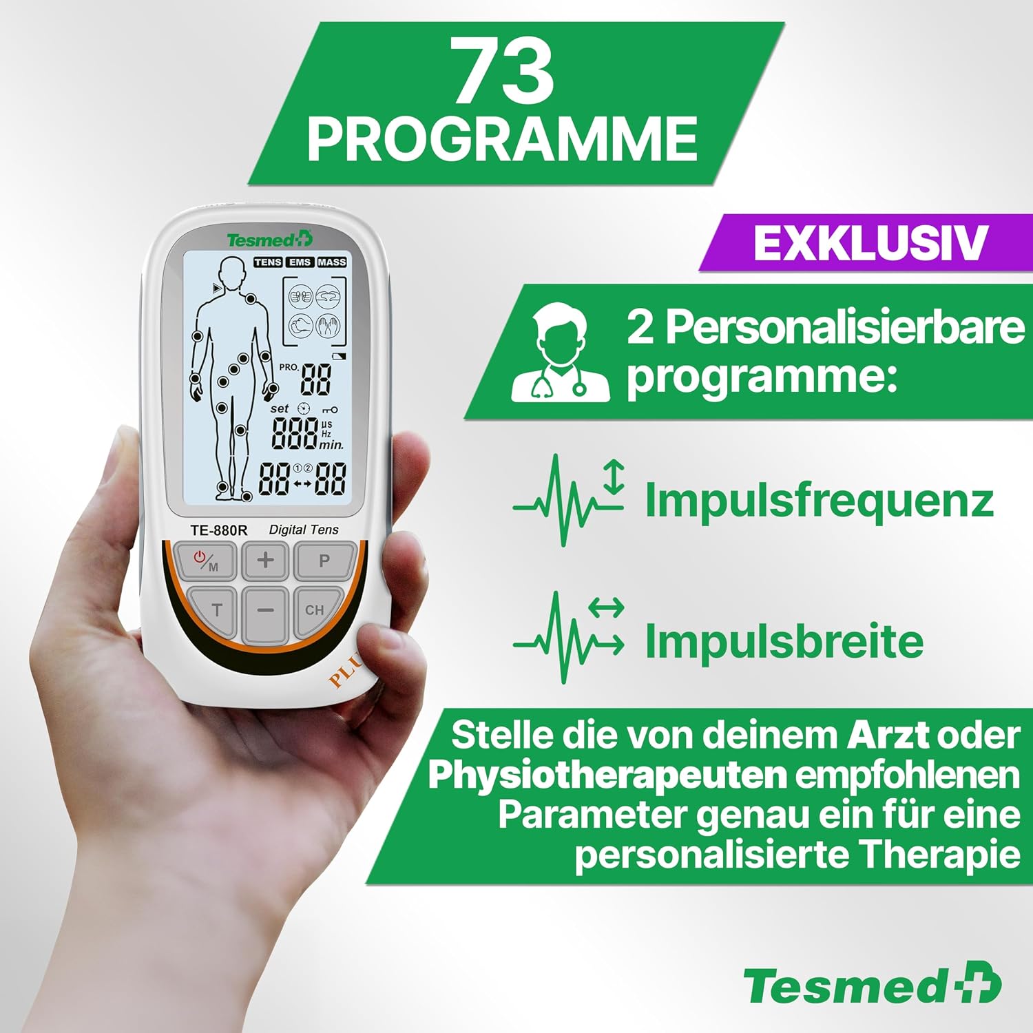 Detalle 2 de TESMED TE-880R Plus: Wiederaufladbarer TENS EMS Gerät mit 73 Programmen und 8 Elektroden