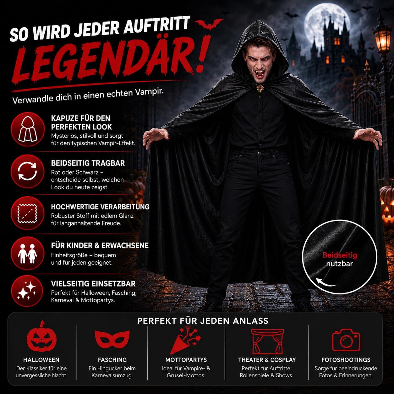 Detalle de Costumed TK349493 – czarna peleryna z kapturem i wiązaniem przy szyi