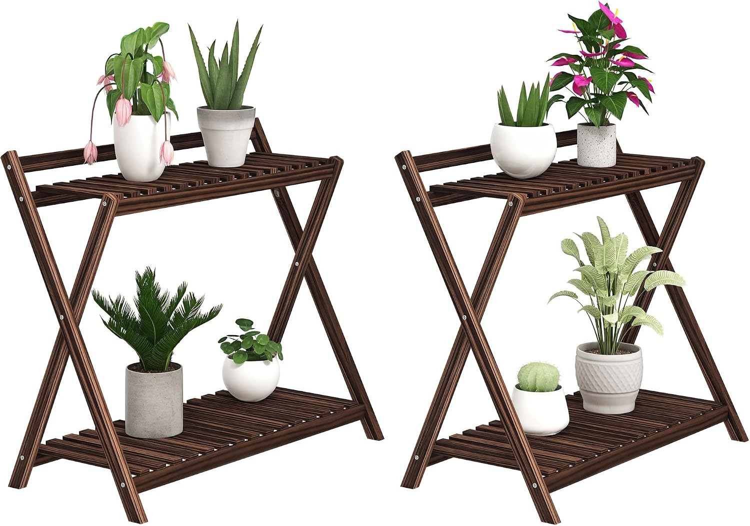Detalle de Outsunny 84H-186V00TN plantenstandaardset met 2 niveaus, bruin hout