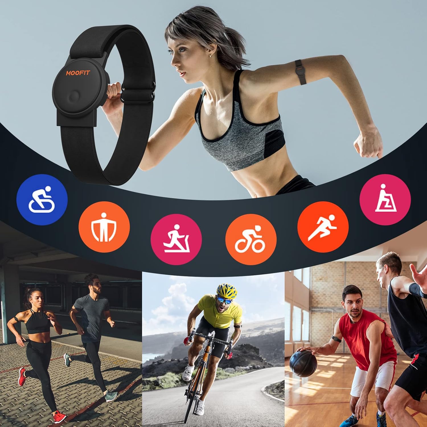 Detalle 2 de moofit HW401 fascia cardio da braccio Bluetooth/ANT+ con LED e batteria ricaricabile