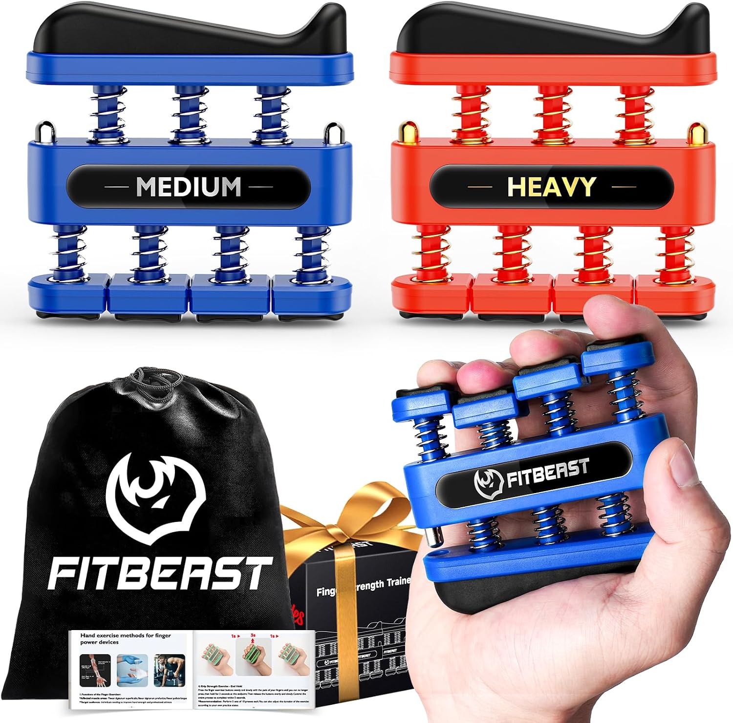 Detalle de FitBeast vingertrainer-set voor handkracht met twee weerstandsniveaus