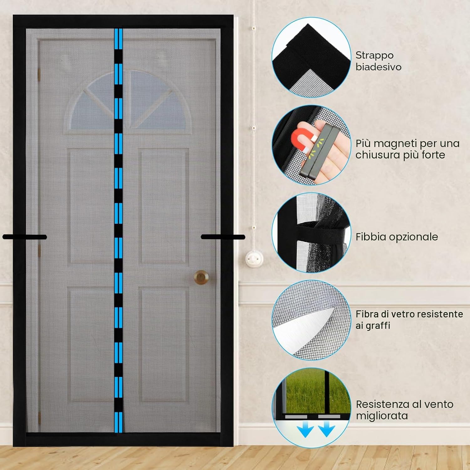 Detalle 1 de Zanzariera Magnetica Per Porte 100x220 cm Fibra di Vetro Nero