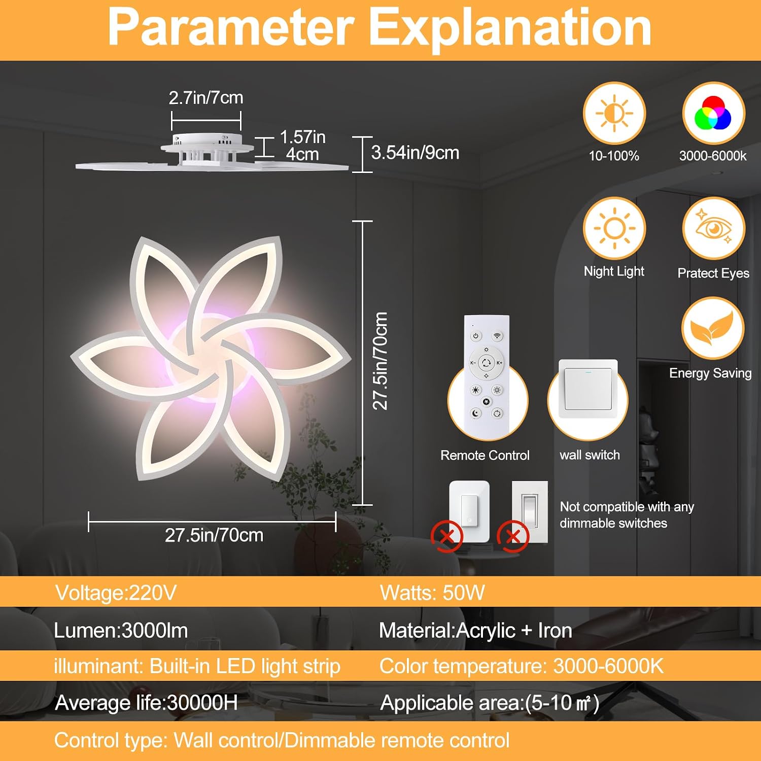 Detalle 2 de ZAITINZ 50W LED dimmable ceiling light RGB