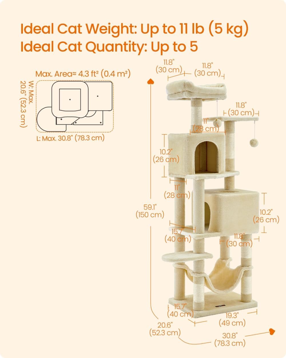 Detalle 2 de Feandrea UPCT192M01 59.5-Inch Cat Tree with 5 Scratching Posts and 2 Perches