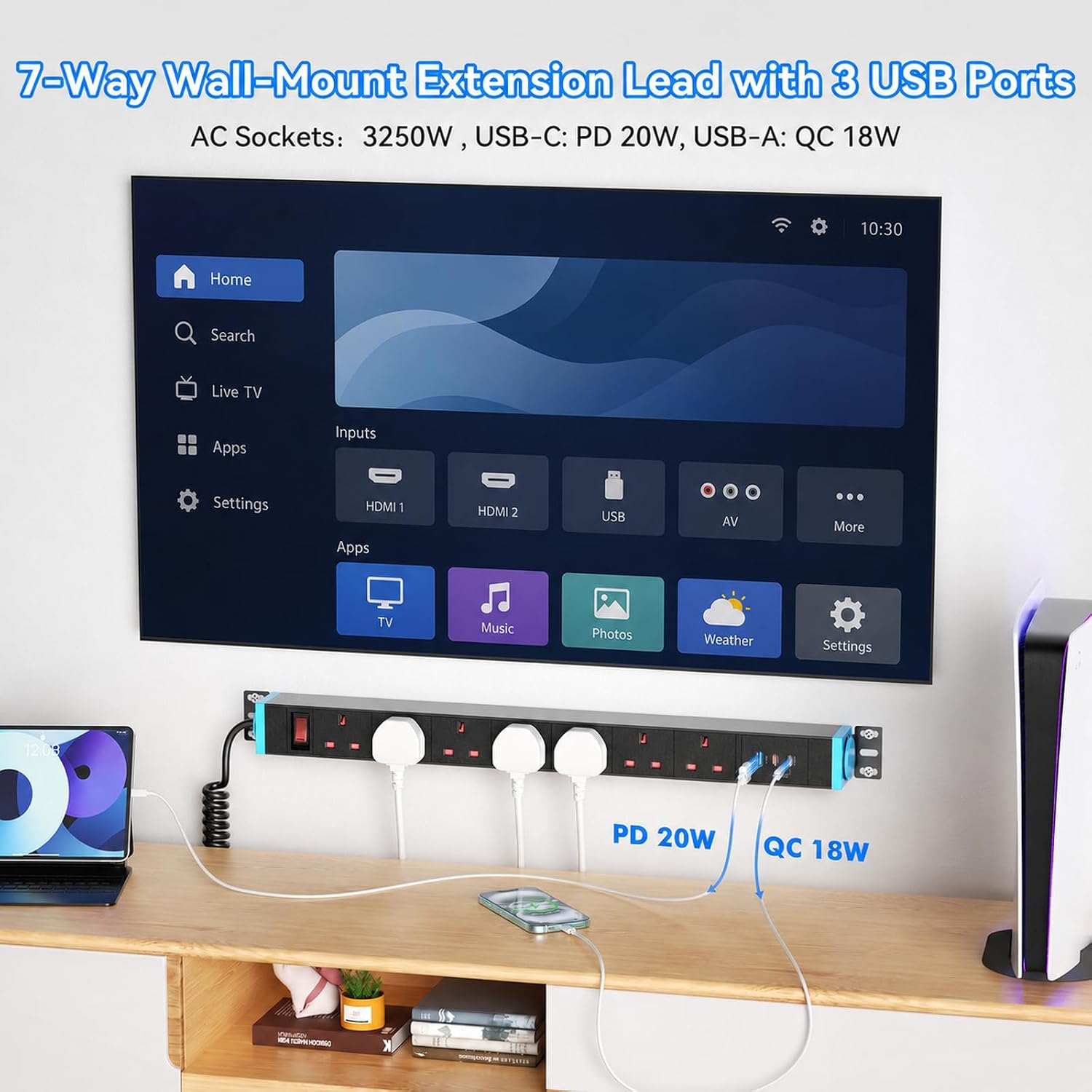Detalle de Sewingvr 7-Way Extension Lead with Surge Protection & USB (Wall Mountable)