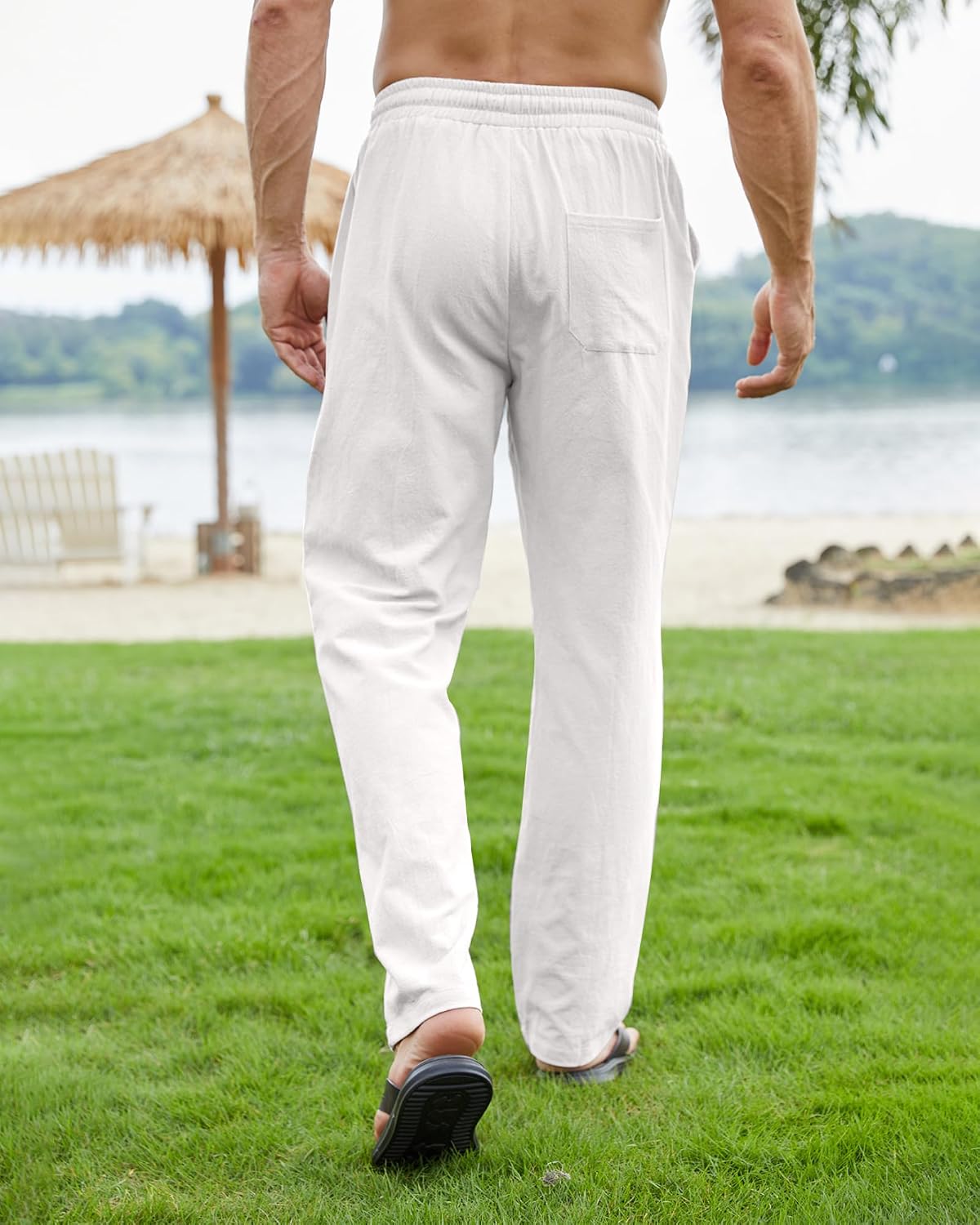 Detalle de Pantalon coton lin homme décontracté NANAMEEI – ample, léger pour été, ceinture élastique et cordon