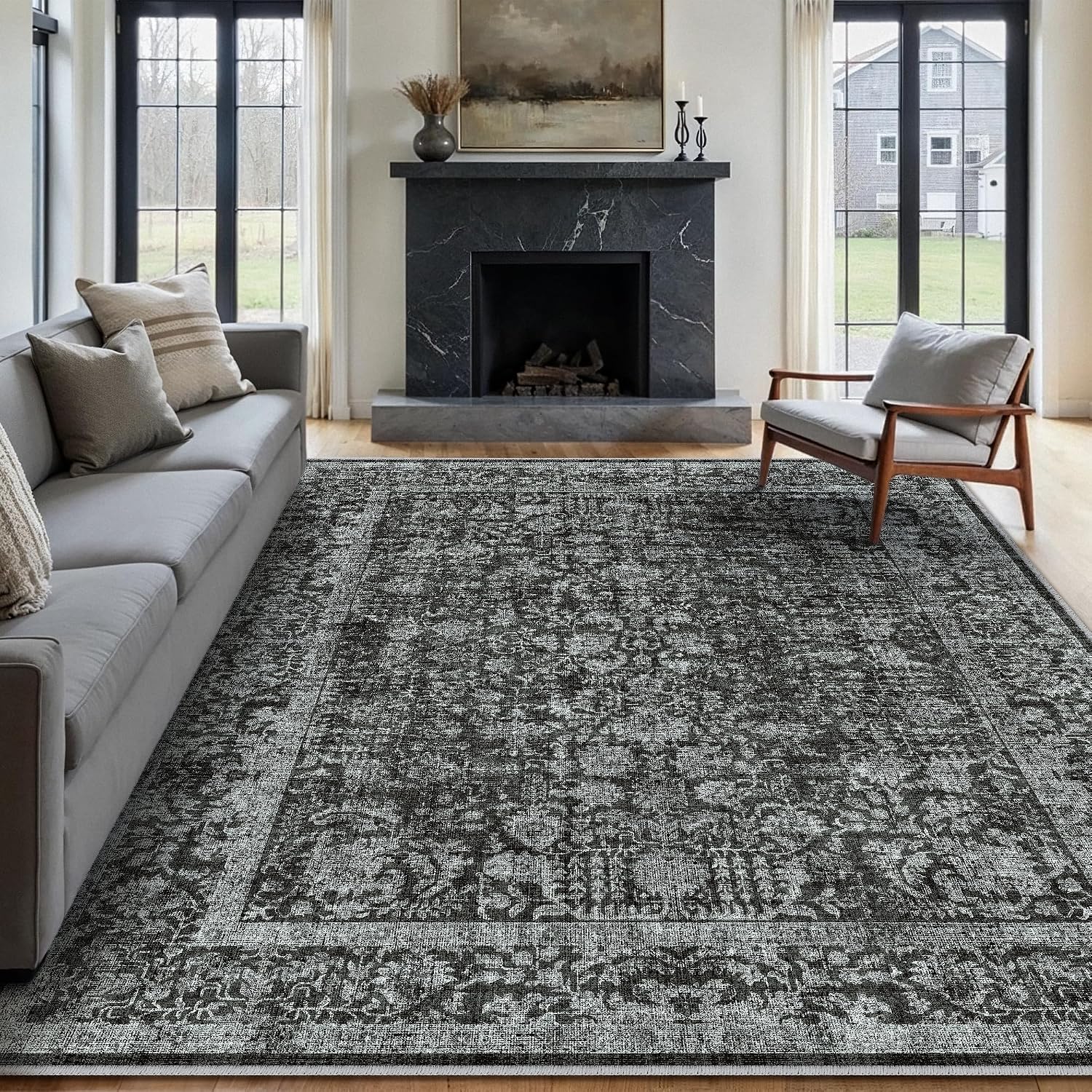 Detalle de HUGEAR Vintage Tiefschwarz waschbarer Kurzflor-Teppich für Wohnzimmer & Schlafzimmer, 240x300 cm