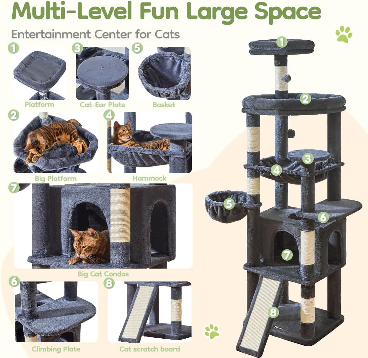 Thumbnail 1 de Taoqimiao Cat Tree 183cm Large Cat Tree with 5 Scratching Posts, Metal Hammock & Spacious Platforms (Smoke Grey)