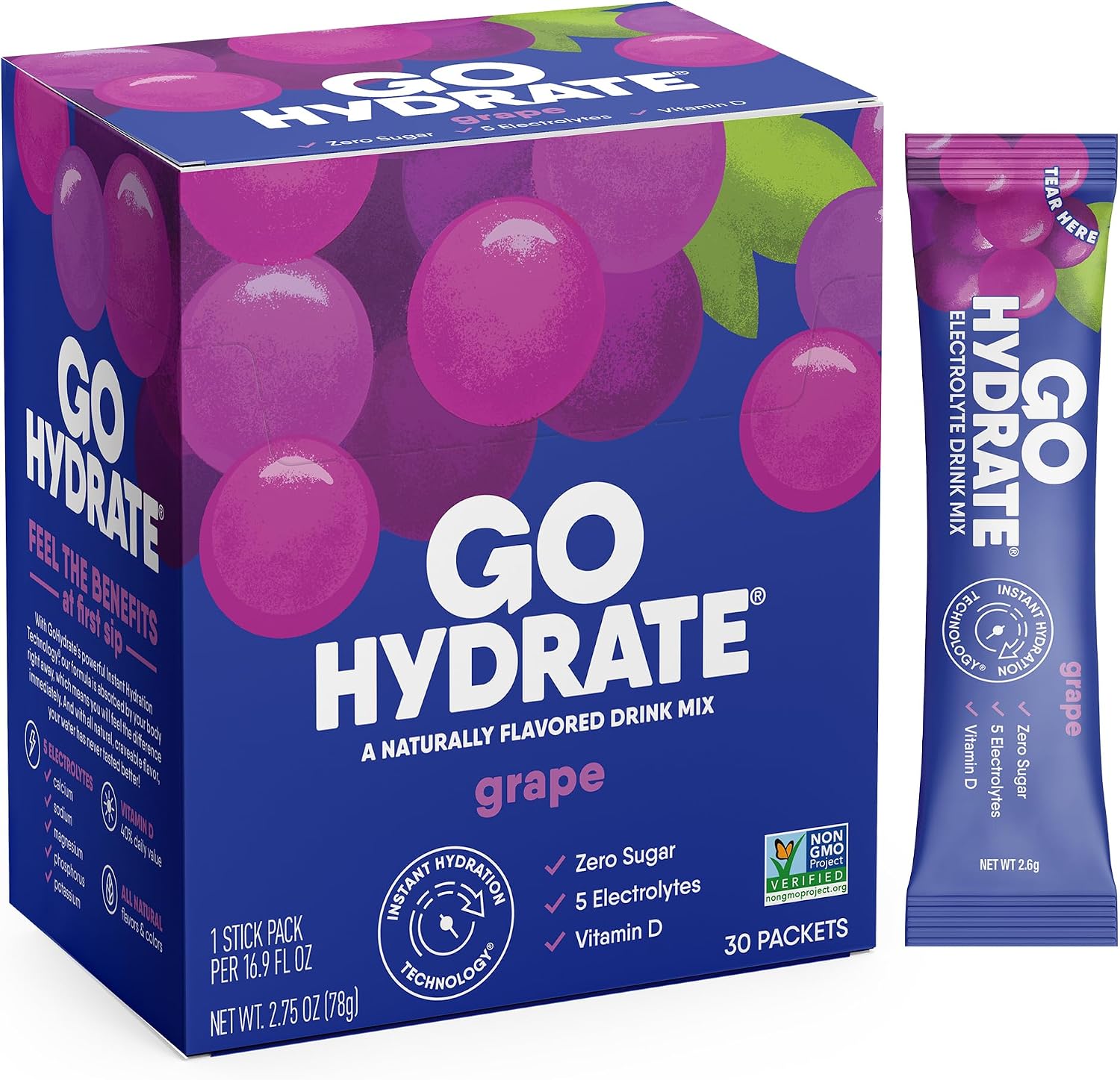 GoHydrate Instant Hydration Powder Packets — Low Sodium Electrolytes Drink Mix (Grape)