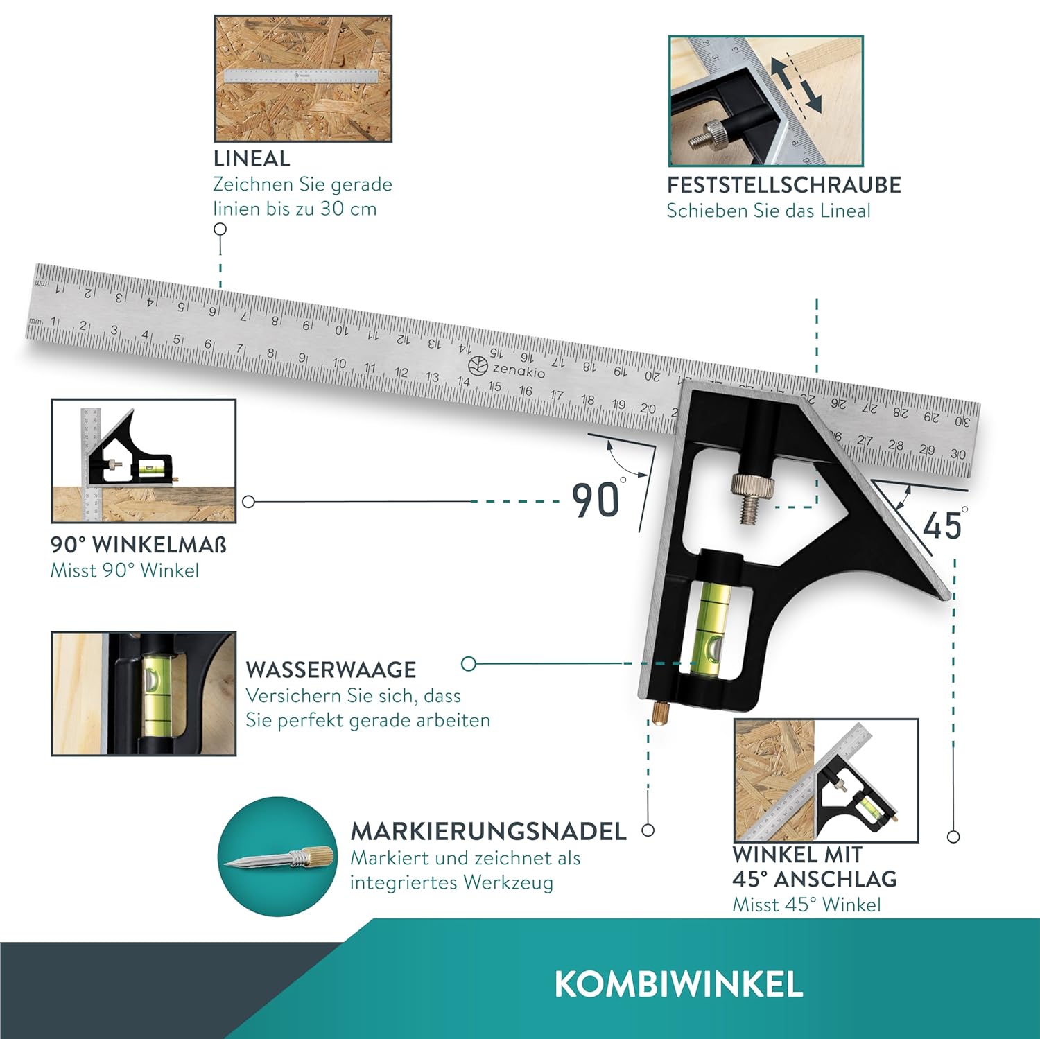 Thumbnail 3 de ZENAKIO Zimmermannswinkel 12-in-1 Set (2-teilig) mit Anschlagwinkel – Metall-Schreinerwinkel 185 mm + Schmiege/Anreißwerkzeug 300 mm