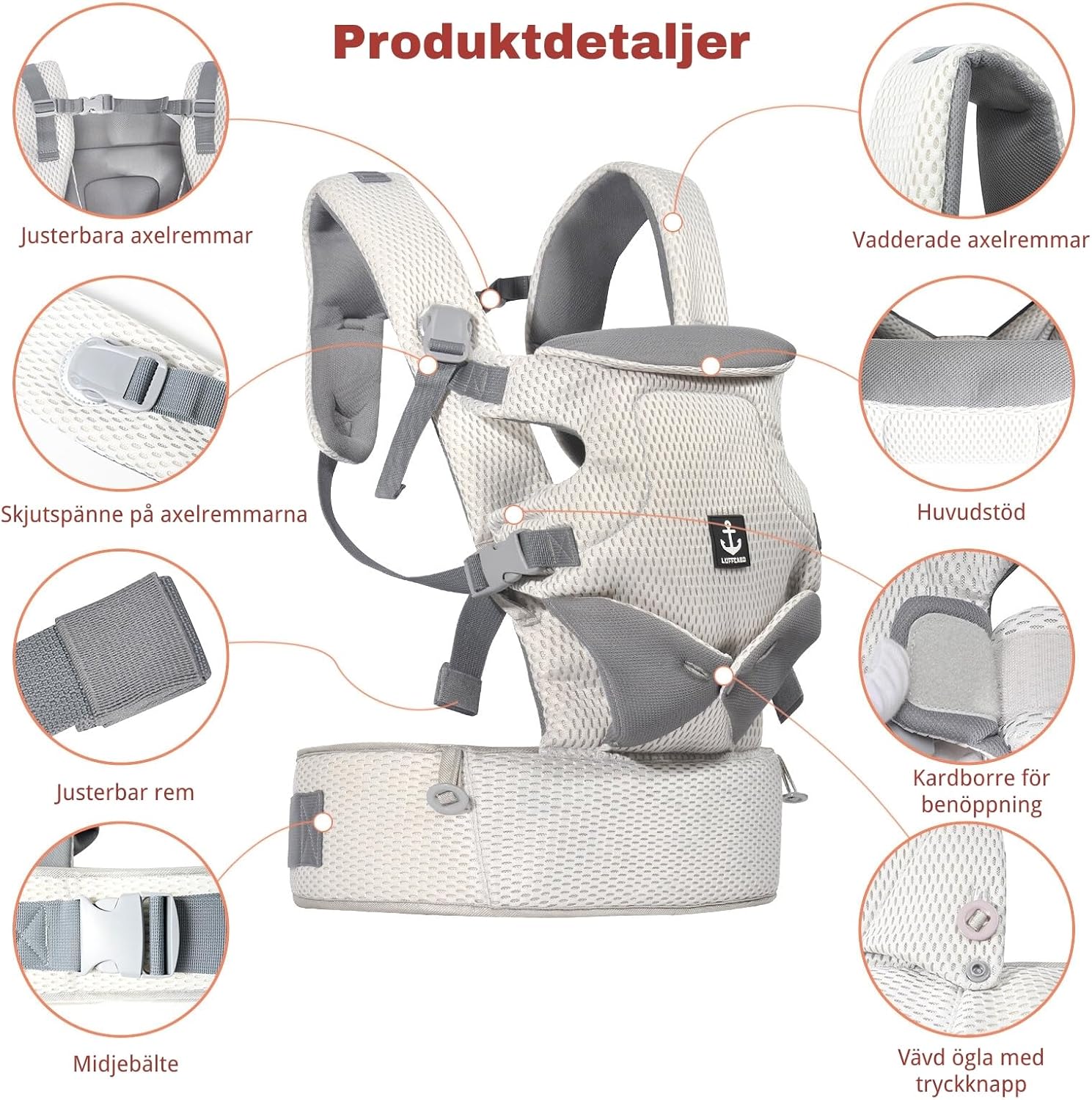 Detalle de LUFFCABO bärsele i mesh med tre bärpositioner, 5–36 månader, upp till 15 kg
