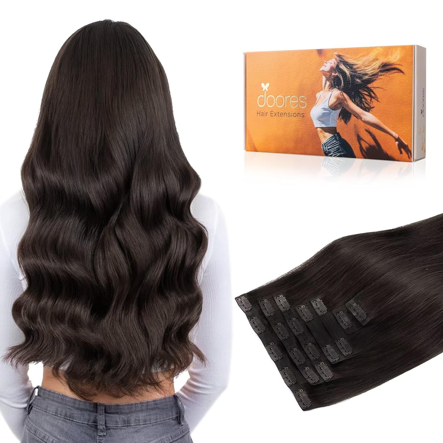 Detalle de DOORES Dark Brown Clip-In Hair Extensions (110g, 7pcs, 22 Inch) — Seamless Remy Hair with Invisi Edge