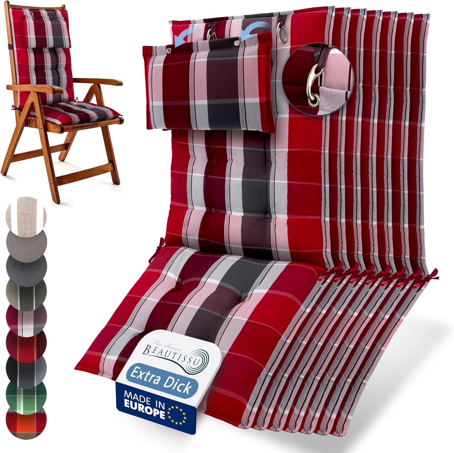 Detalle de Beautissu 7er Set Premium Hochlehner Auflage Kopfpolster 120x50cm Sun-HL – 8 cm Dick, rutschfest, UV-beständig