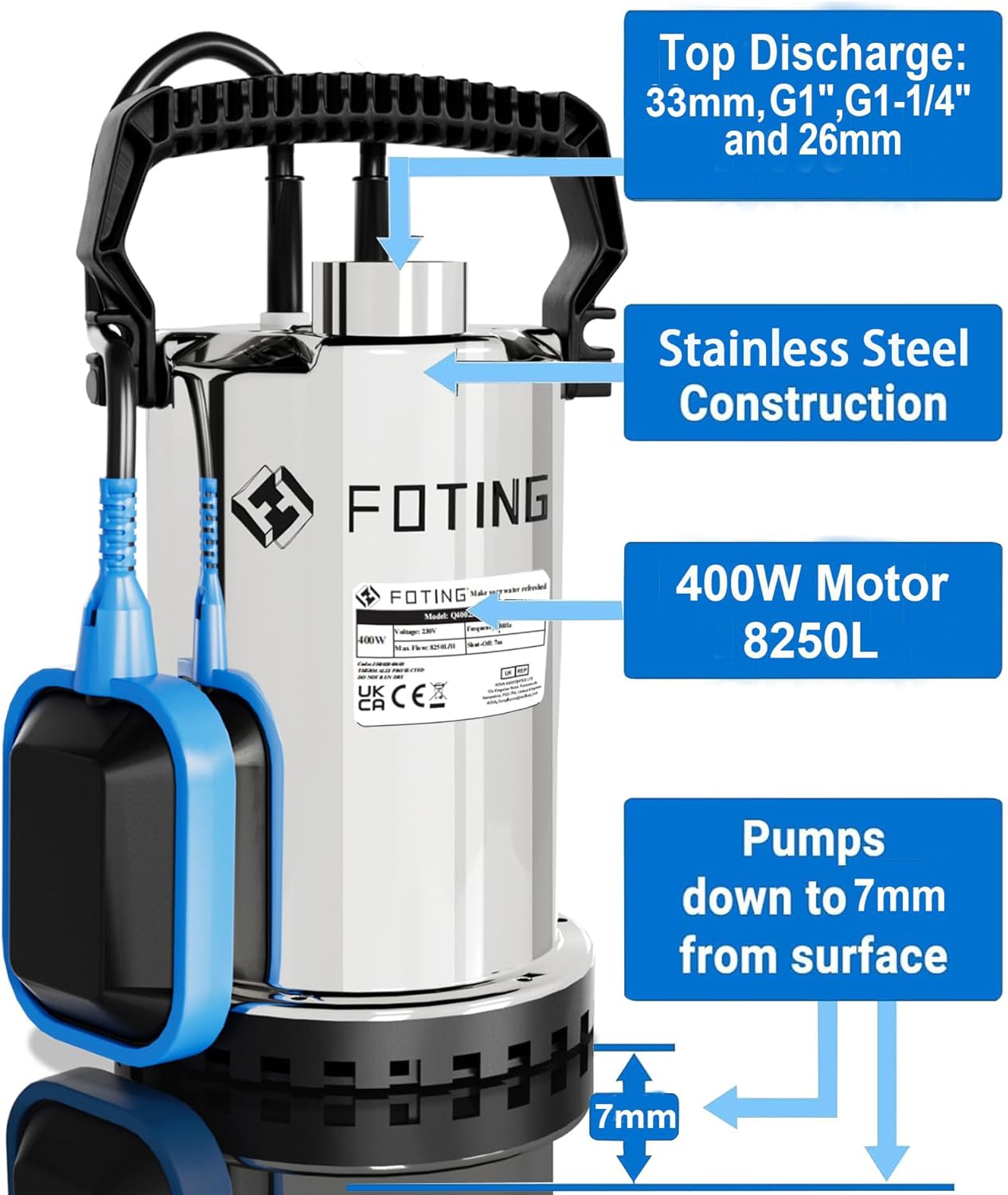 Thumbnail 2 de FOTING 400W Stainless Steel Submersible Water Pump — 8250 L/H, Auto Float, 7m Lift