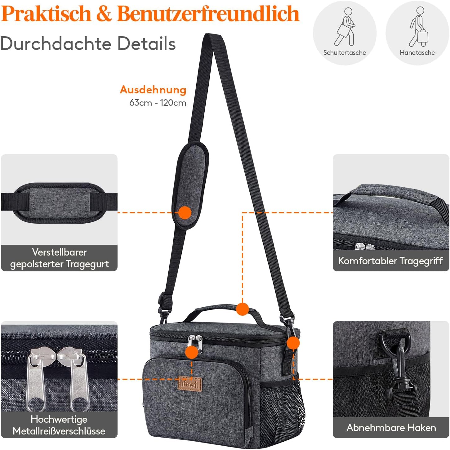 Detalle de Lifewit isolierte Kühltasche 9L – Wiederverwendbar, auslaufsicher, dunkelgrau