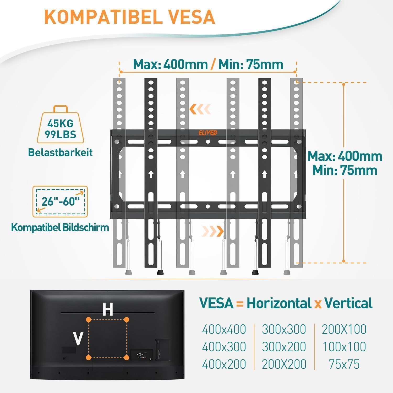 Thumbnail 4 de ELIVED EV3035 feste TV-Wandhalterung (Ultra Slim) für 26–60 Zoll, VESA bis 400x400, bis 45 kg