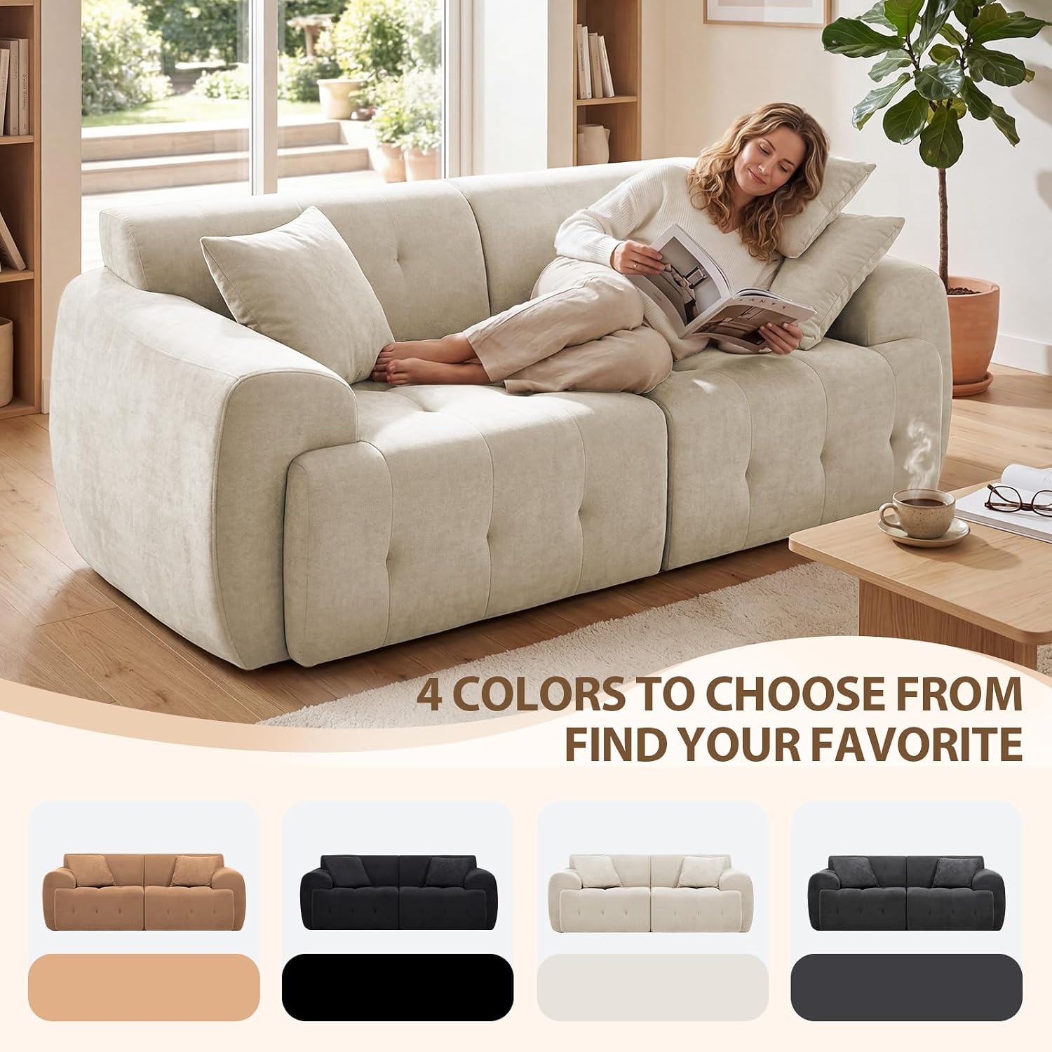 Detalle de COMHOMA B16 2-Seater Sofa, Beige Fabric, Foam Cushions, No Assembly