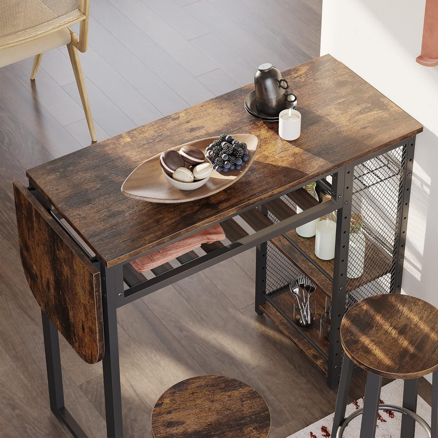 Detalle 2 de Bestier Expandable Bar Table and 2-Stool Set with Wine Rack and Adjustable Shelves
