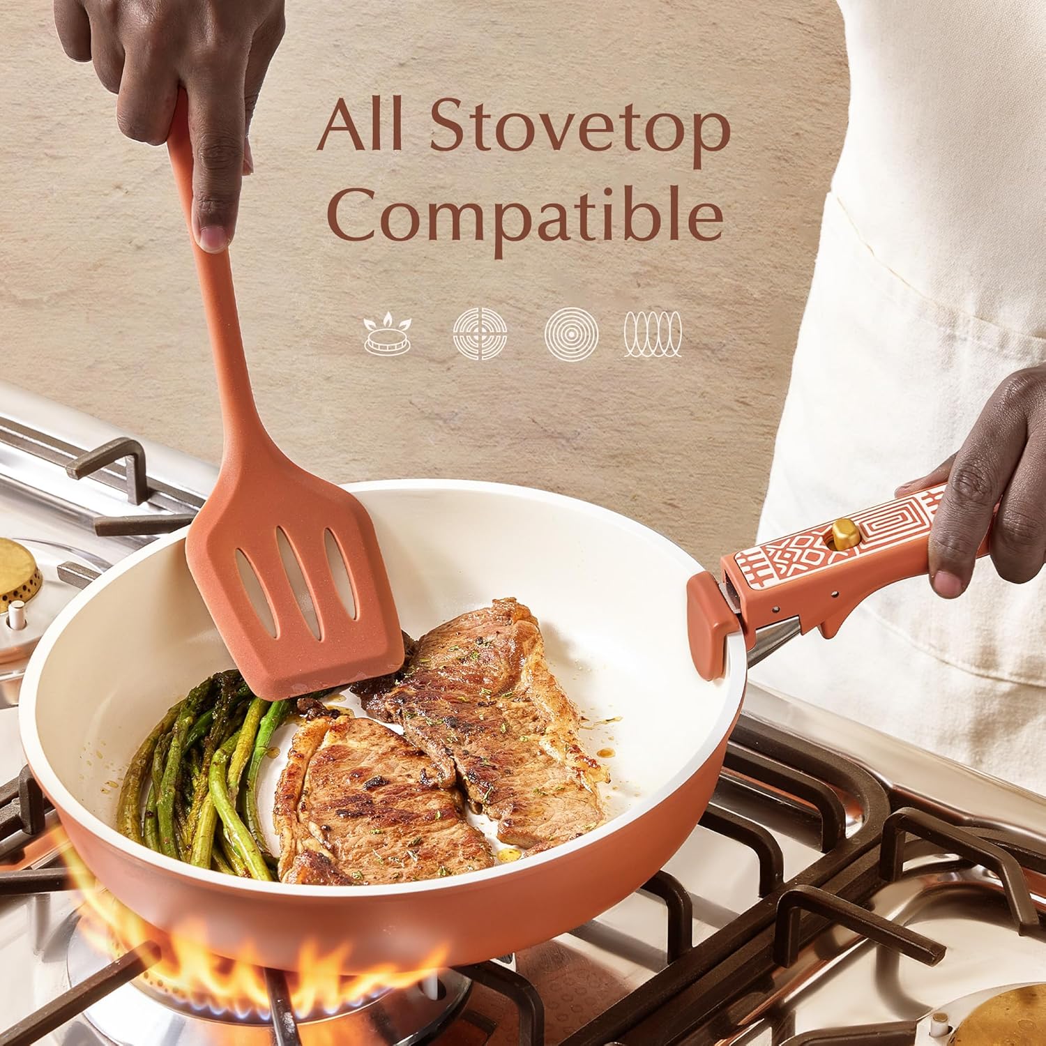 Detalle de CAROTE 21-Piece Ceramic Cookware Set with Detachable Handle (Terracotta)